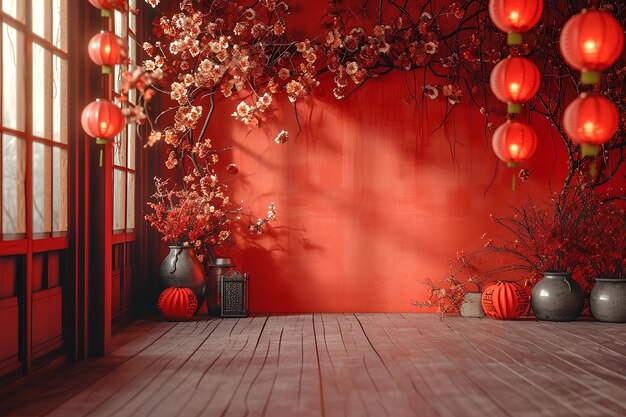 An oriental room with red lanterns