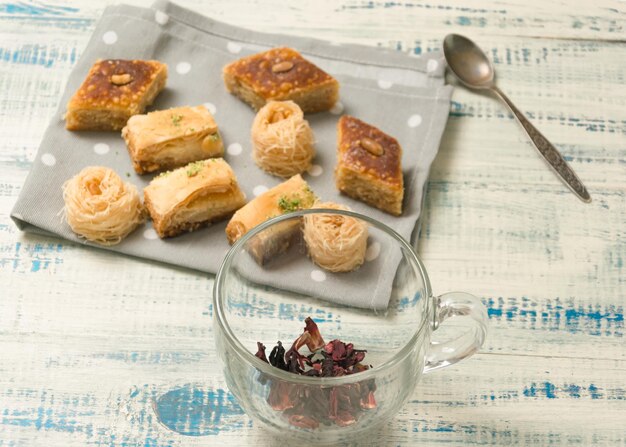 Oriental sweets on a wooden background