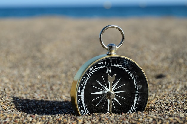 Orientation Concept One Compass on the Beach near the Atlantic Ocean