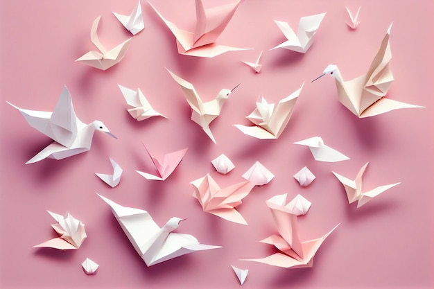 Origami birds are flying overhead top view White origami birds isolated on pink backgroundgenerative ai