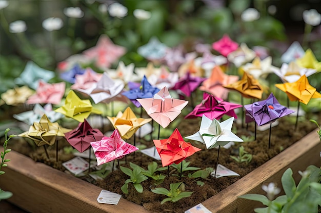 Origami flower garden with delicate blooms and foliage in full bloom created with generative ai