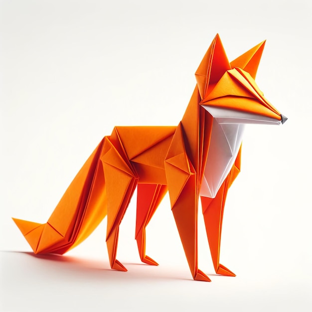 An origami fox crafted from vibrant orange paper standing alert on a white background