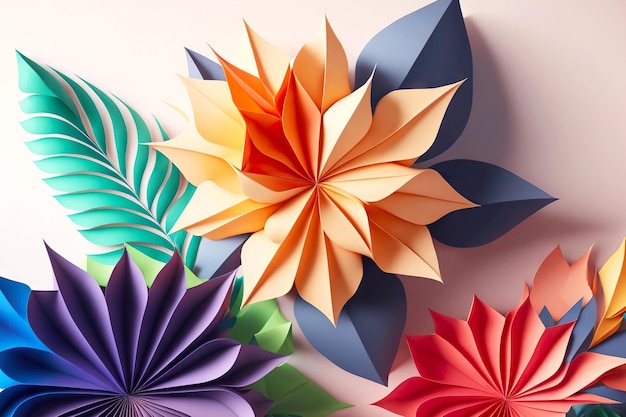 Origami from 3d rendering paper flowers with colorful petals and leaves generative ai