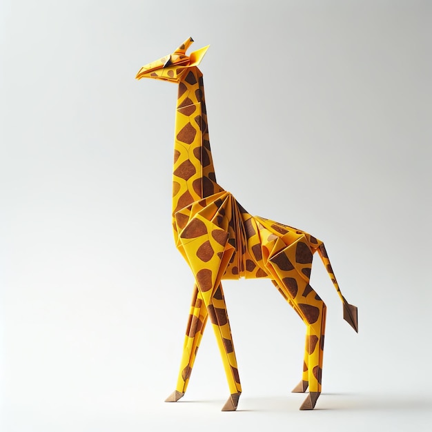 An origami giraffe crafted from yellow and brown patterned paper positioned on a white background