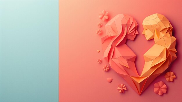 Origami heart women on pink and blue background love and friendship concept