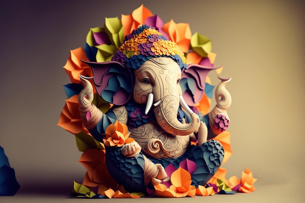 Origami of Indian God Ganesh in colorful flowers craft