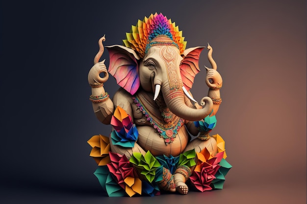 Origami of Indian God Ganesh in colorful flowers craft