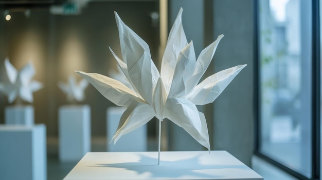 Photo origami leaf sculpture in art gallery