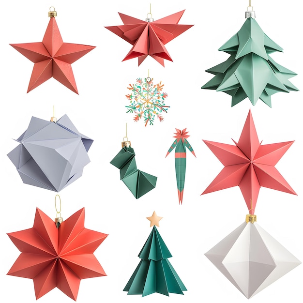 Photo origami paper crafts christmas decorations isolated on white background flat design