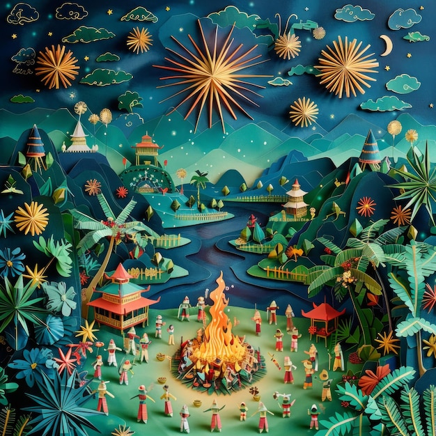 Origami Paper Town Festa Junina Bonfire Celebration Essence