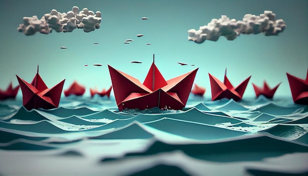 Origami red paper boat floating in front of white paper boats on ocean