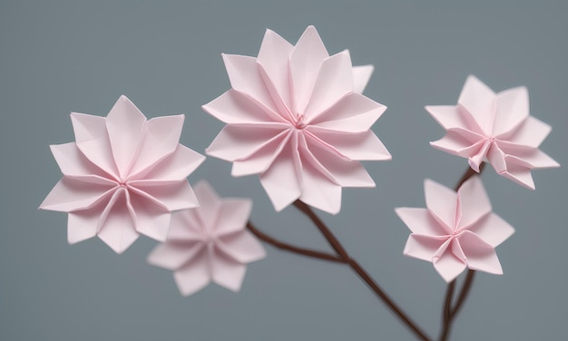 Origami sakura blossoms, paper sakura flowers on a tree in pink tones