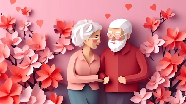 Origami spring background joyful elderly happy couple Generative AI