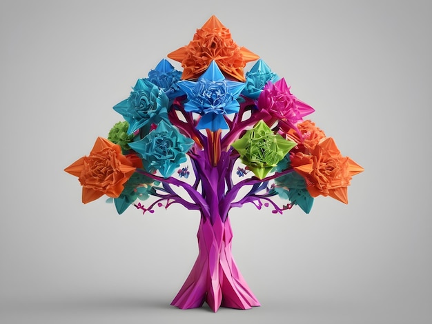 Origami tree plant handmade folded paper craft colorful leaves geometric shapes