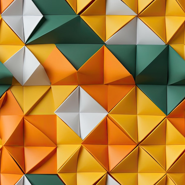 Origami wall with bright orange yellow and green triangles tiled