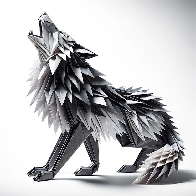 An origami wolf crafted from silver and dark grey paper posed in a howling stance on a white background