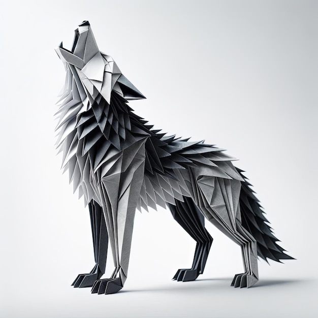 Photo an origami wolf crafted from silver and dark grey paper posed in a howling stance on a white background