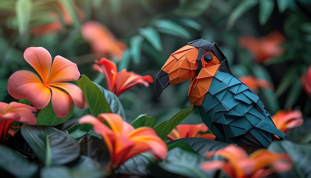 Photo origamistyle toucan in a lush jungle setting surrounded by tropical flowers