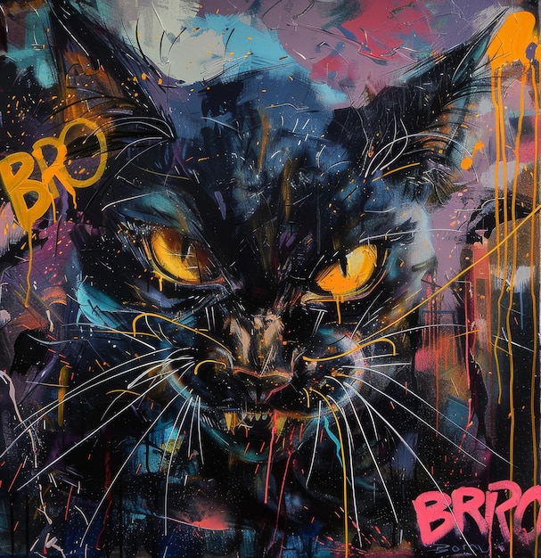 Photo original acrylic painting on canvas featuring an expressive black maine coon cat with a motto and elements of graffiti and street art