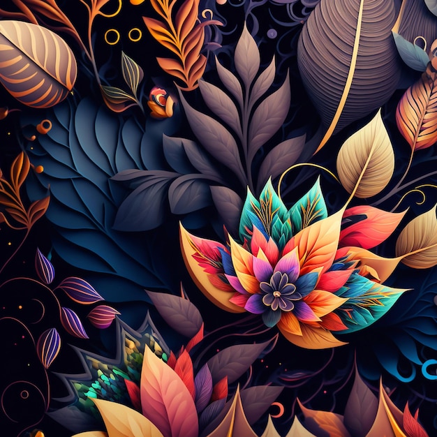 Original floral design with exotic flowers and tropic leaves Colorful flowers on dark background closeup