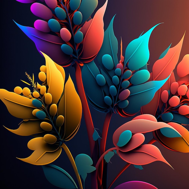 Original floral design with exotic flowers and tropic leaves Colorful flowers on dark background