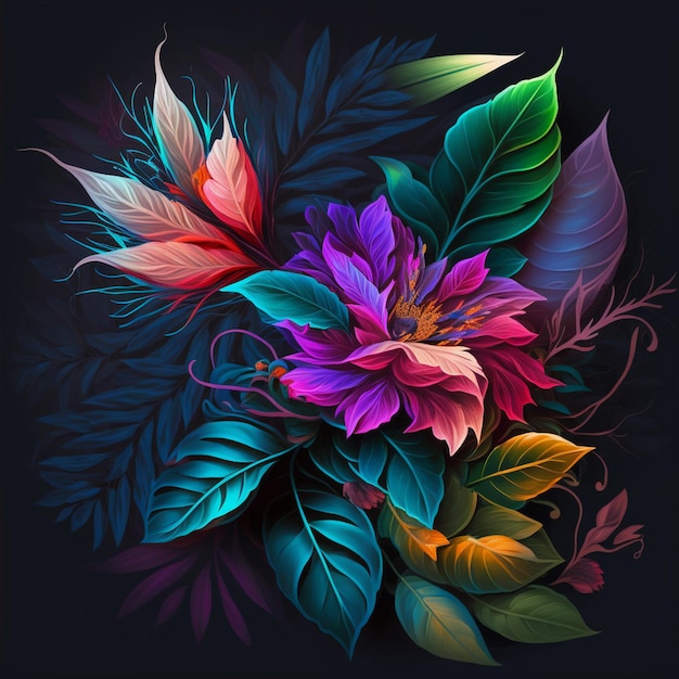 Original floral design with exotic flowers and tropic leaves Colorful flowers on dark background