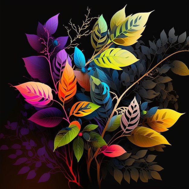 Original floral design with exotic flowers and tropic leaves Colorful flowers on dark background