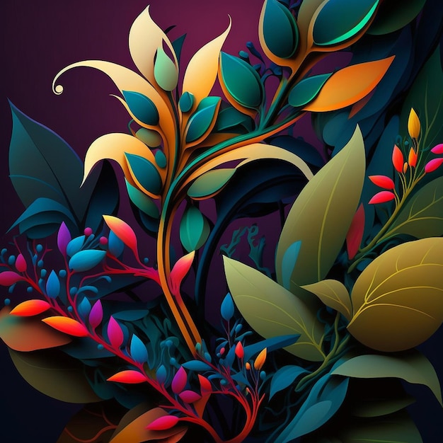 Original floral design with exotic flowers and tropic leaves Colorful flowers on dark background