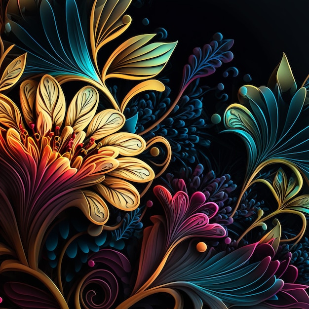 Original floral design with exotic flowers and tropic leaves Colorful flowers on dark background