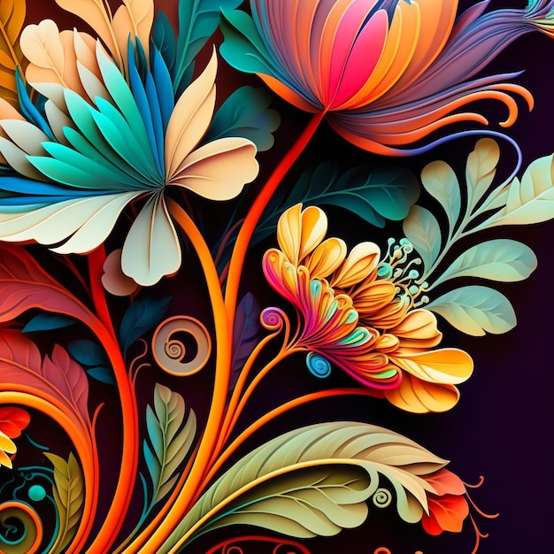 Original floral design with exotic flowers and tropic leaves Colorful flowers on dark background