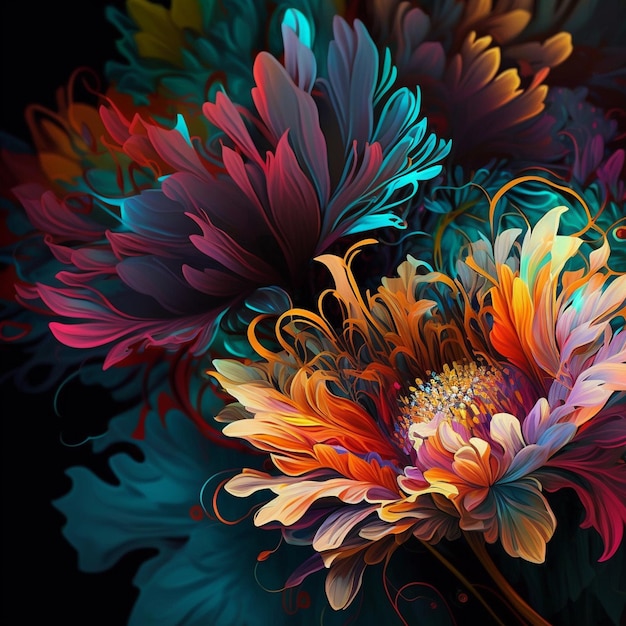 Original floral design with exotic flowers and tropic leaves Colorful flowers on dark background