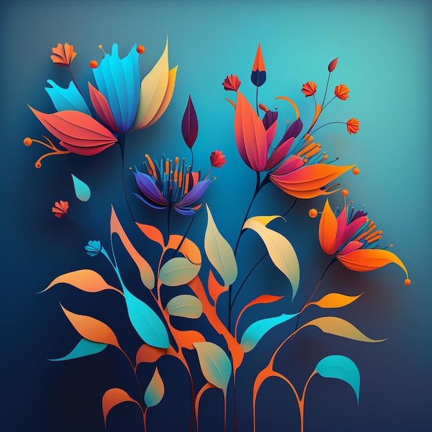 Original floral design with exotic flowers and tropic leaves Colorful flowers on dark blue background