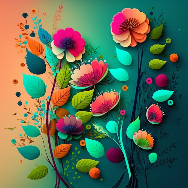 Original floral design with exotic flowers and tropic leaves Colorful flowers on green and orange background