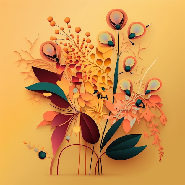 Original floral design with exotic flowers and tropic leaves Colorful flowers on orange background