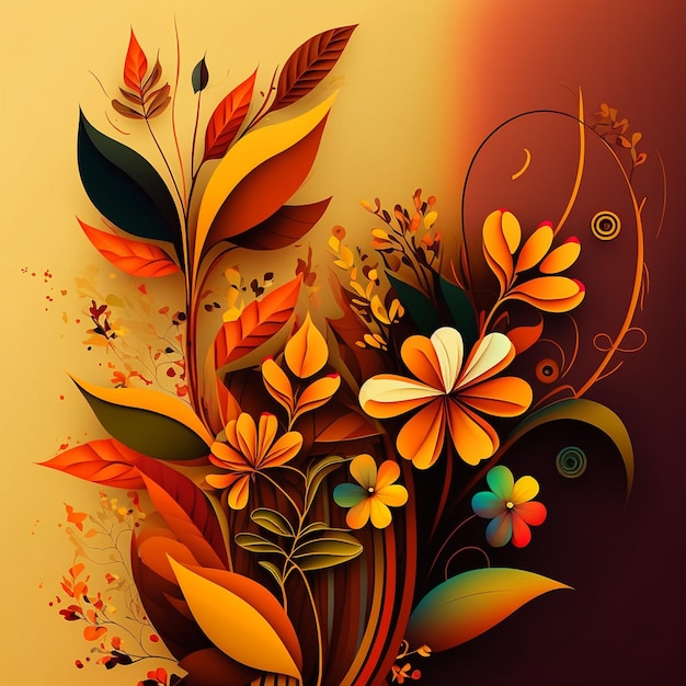 Original floral design with exotic flowers and tropic leaves Colorful flowers on orange background