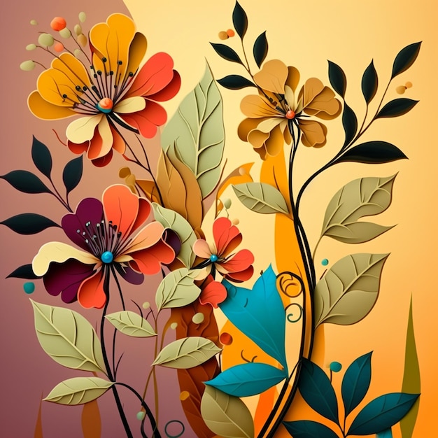 Original floral design with exotic flowers and tropic leaves Colorful flowers on orange background