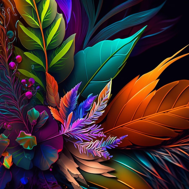 Original floral vibrant design with exotic flowers and tropic leaves Colorful flowers on dark background