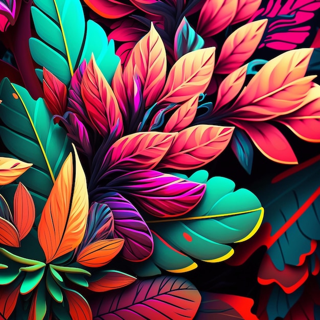 Original floral vibrant design with exotic flowers and tropic leaves Colorful flowers on dark background