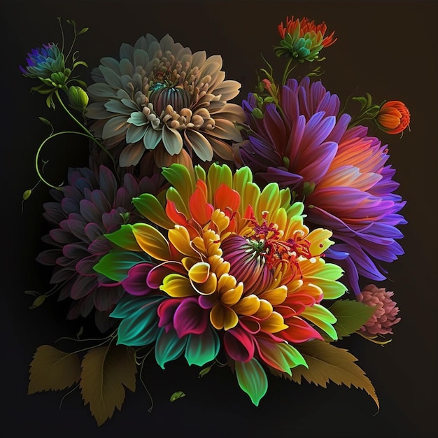 Original floral vibrant design with exotic flowers and tropic leaves Colorful flowers on dark background