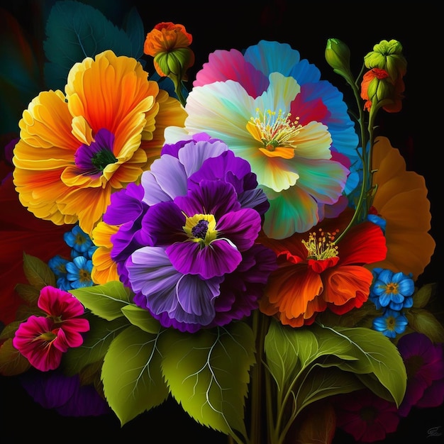 Original floral vibrant design with exotic flowers and tropic leaves Colorful flowers on dark background