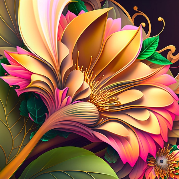 Original floral vibrant design with exotic flowers and tropic leaves Colorful flowers on dark background