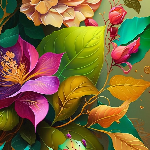 Original floral vibrant design with exotic flowers and tropic leaves Colorful flowers on dark background