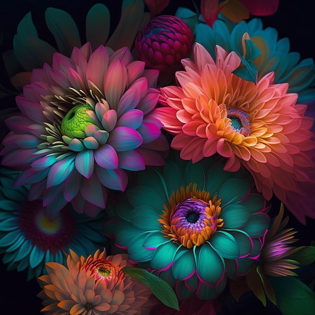 Original floral vibrant design with exotic flowers and tropic leaves Colorful flowers on dark background