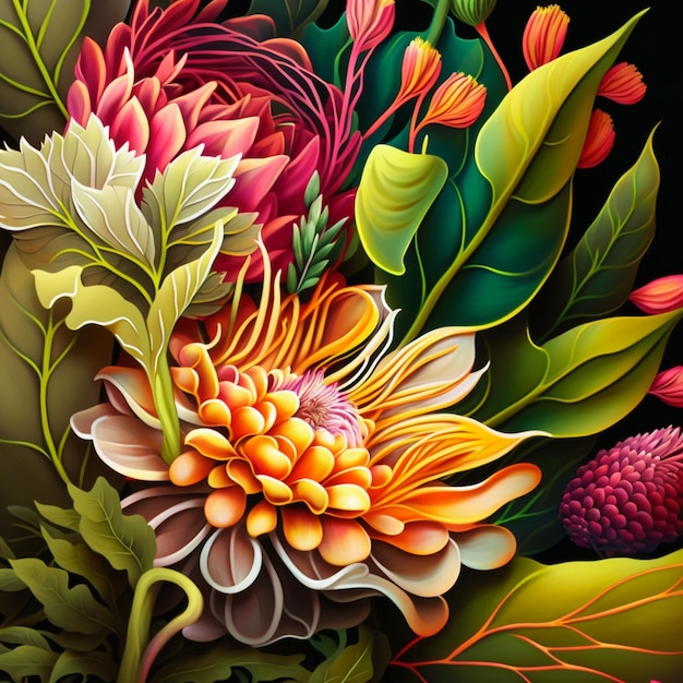 Original floral vibrant design with exotic flowers and tropic leaves Colorful flowers on dark background