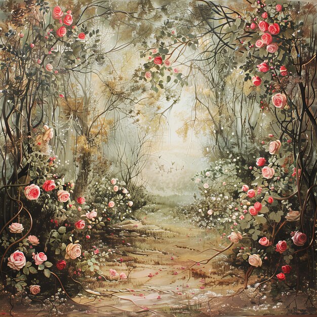 Original oil painting of a path in the forest with blooming roses