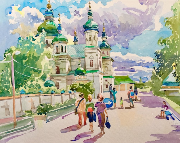 Original watercolor painting of touristic famous church place in Ukraine