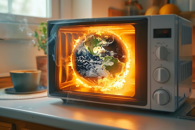 orld in microwave oven global warming concept AI generated