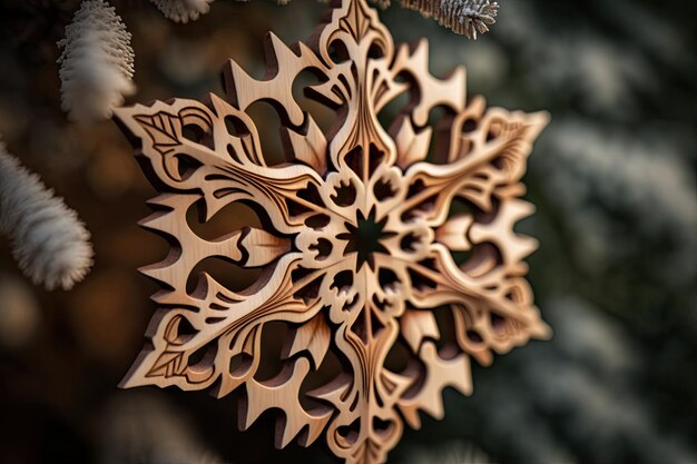 An ornament in the form of a wooden snowflake is shown up close on a pine tree