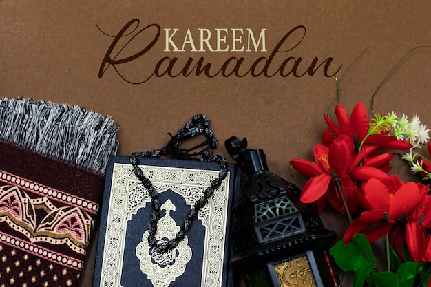 Ornamental Arabic lantern oud perfume with black rosary prayer mat Ramadan Kareem Greeting Card Ramadan Mubarak Translated Happy Holy Ramadan Month of fasting for Muslims