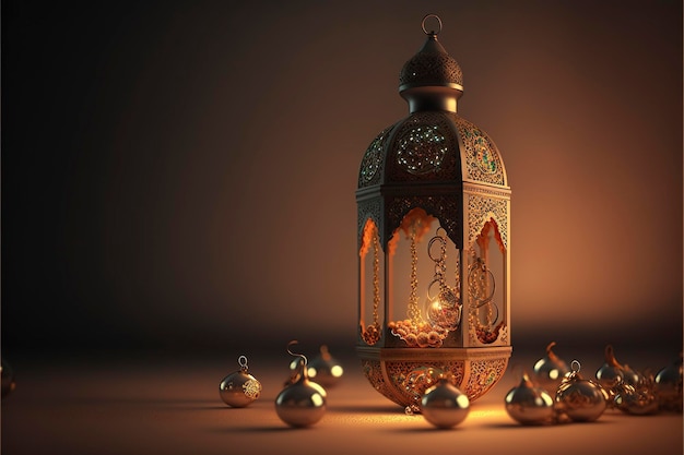 ornamental arabic lantern with burning candle, creative ai